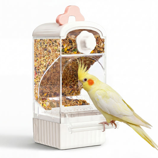 Bucatstate Automatic Bird Feeder for Cage, No Mess Self Cleaning, Large Capacity with Waste Drawer, No Installation Required, Parakeet Feeder for Parrots Budgies Cockatiels Canaries (Pink White)