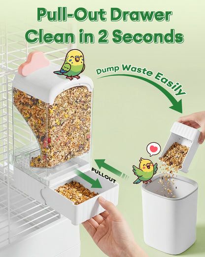 Bucatstate Automatic Bird Feeder for Cage, No Mess Self Cleaning, Large Capacity with Waste Drawer, No Installation Required, Parakeet Feeder for Parrots Budgies Cockatiels Canaries (Pink White)