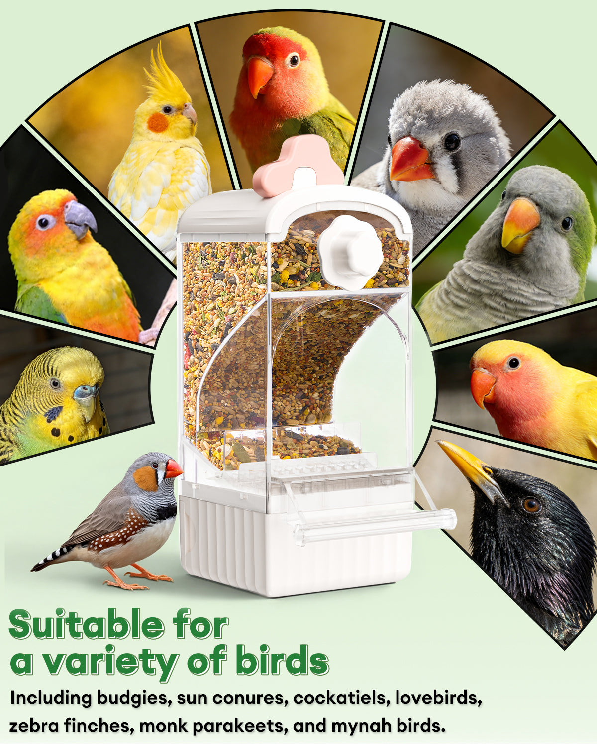 Bucatstate Automatic Bird Feeder for Cage, No Mess Self Cleaning, Large Capacity with Waste Drawer, No Installation Required, Parakeet Feeder for Parrots Budgies Cockatiels Canaries (Pink White)