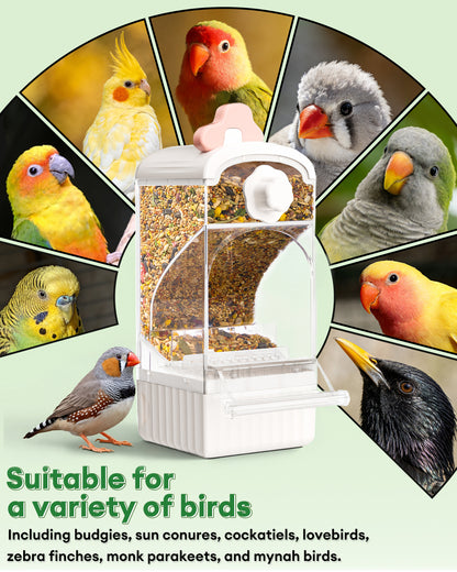 Bucatstate Automatic Bird Feeder for Cage, No Mess Self Cleaning, Large Capacity with Waste Drawer, No Installation Required, Parakeet Feeder for Parrots Budgies Cockatiels Canaries (Pink White)