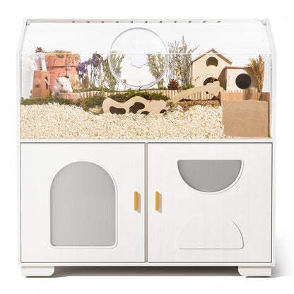 Hamster Cage with Storage Cabinet, 39.4"/100cm Large Hamster Enclosure with Cage Casters, Wooden Small Animal Cages for Gerbil Mouse