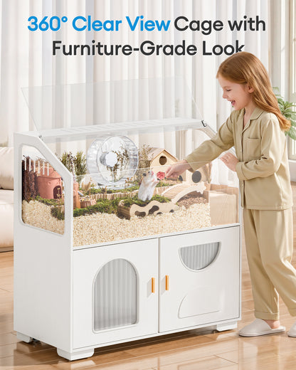 Hamster Cage with Storage Cabinet, 39.4"/100cm Large Hamster Enclosure with Cage Casters, Wooden Small Animal Cages for Gerbil Mouse