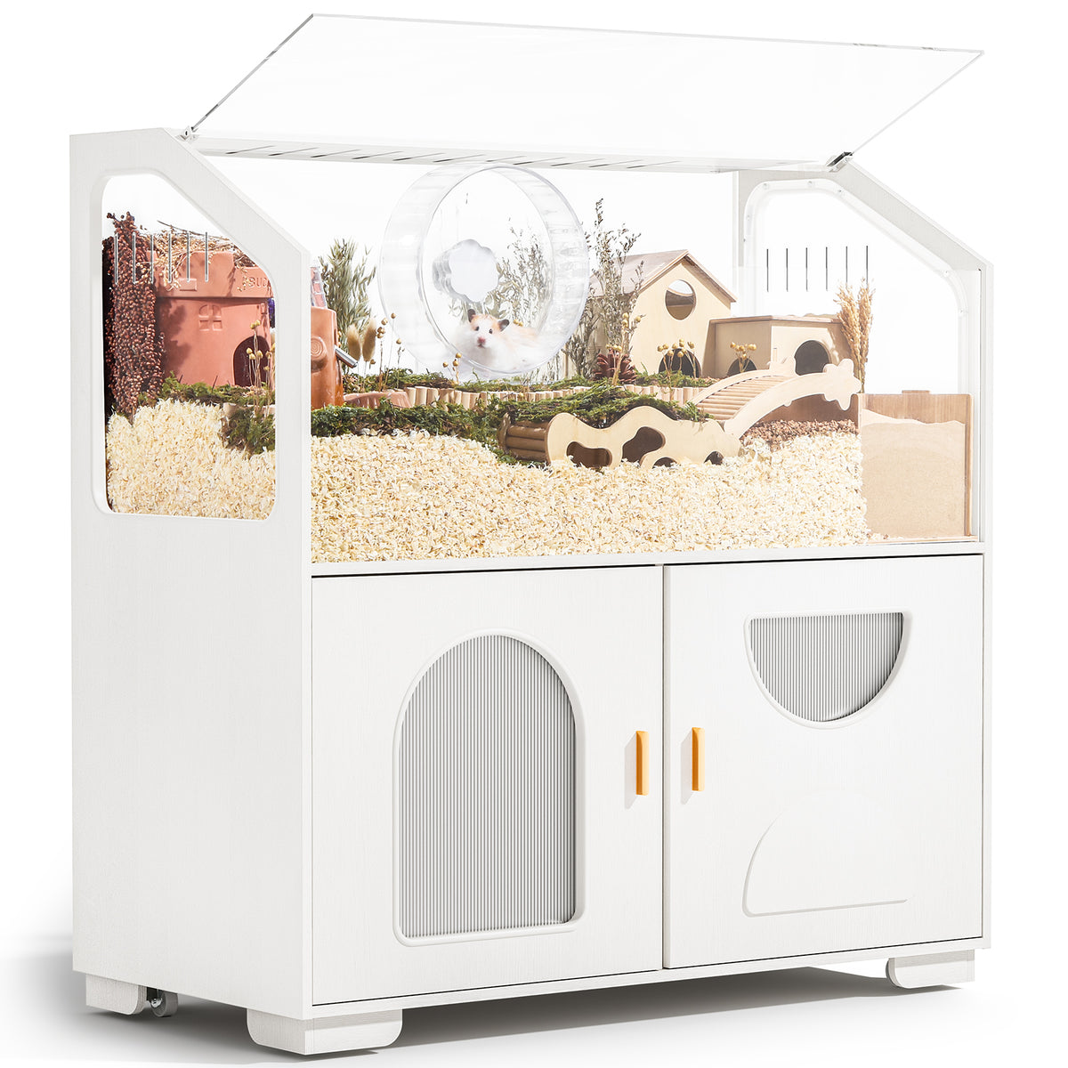 Hamster Cage with Storage Cabinet, 39.4"/100cm Large Hamster Enclosure with Cage Casters, Wooden Small Animal Cages for Gerbil Mouse
