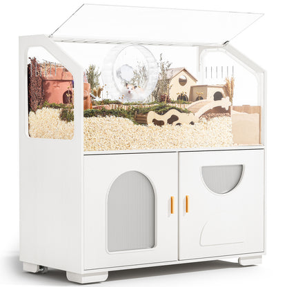 Hamster Cage with Storage Cabinet, 39.4"/100cm Large Hamster Enclosure with Cage Casters, Wooden Small Animal Cages for Gerbil Mouse