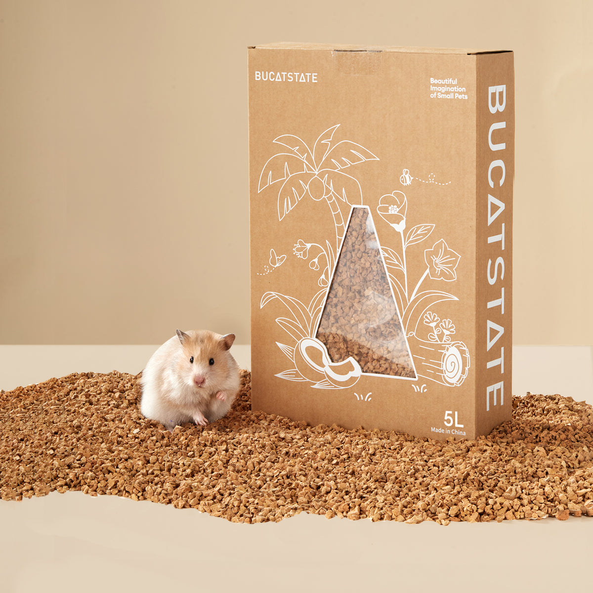 BUCATSTATE Cork Bedding 5L, Natural Hamster Bedding Odor Control for Dwarf Syrian Hamsters, Gerbils, Mice, Low-dust Hamster Substrate with Paper Hideout Box (Grain 2-4mm or 4-5mm)