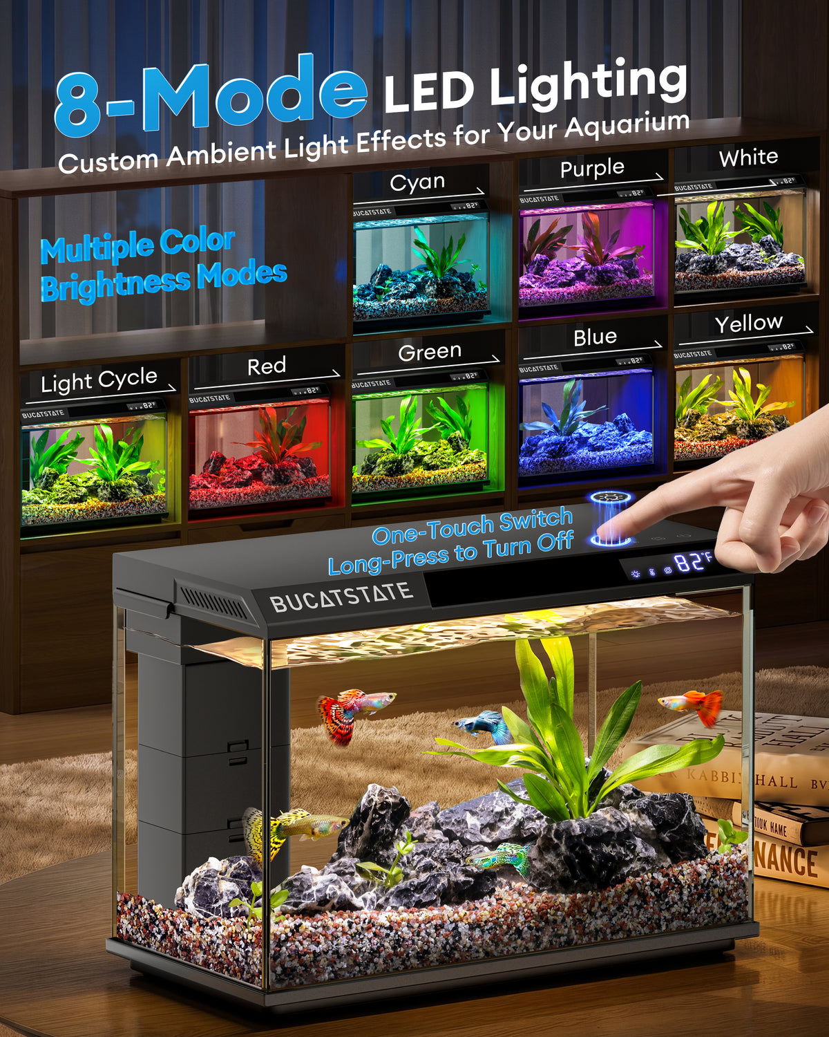 BUCATSTATE 2.6 Gallon Aquarium, 3 Stage Filtration with Independent Waste Compartment, Quiet 3 in 1 Pump, Real-Time Temp Display, 8-Mode LED Light Fish Tank
