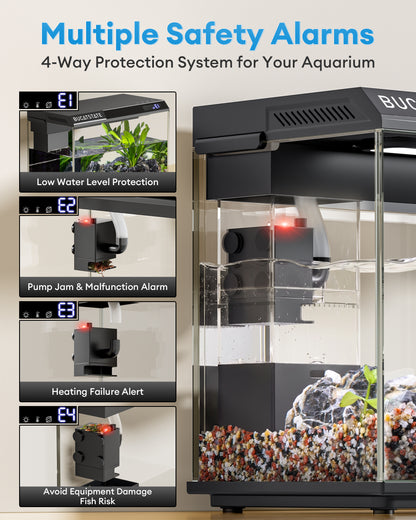 BUCATSTATE 2.6 Gallon Aquarium, 3 Stage Filtration with Independent Waste Compartment, Quiet 3 in 1 Pump, Real-Time Temp Display, 8-Mode LED Light Fish Tank