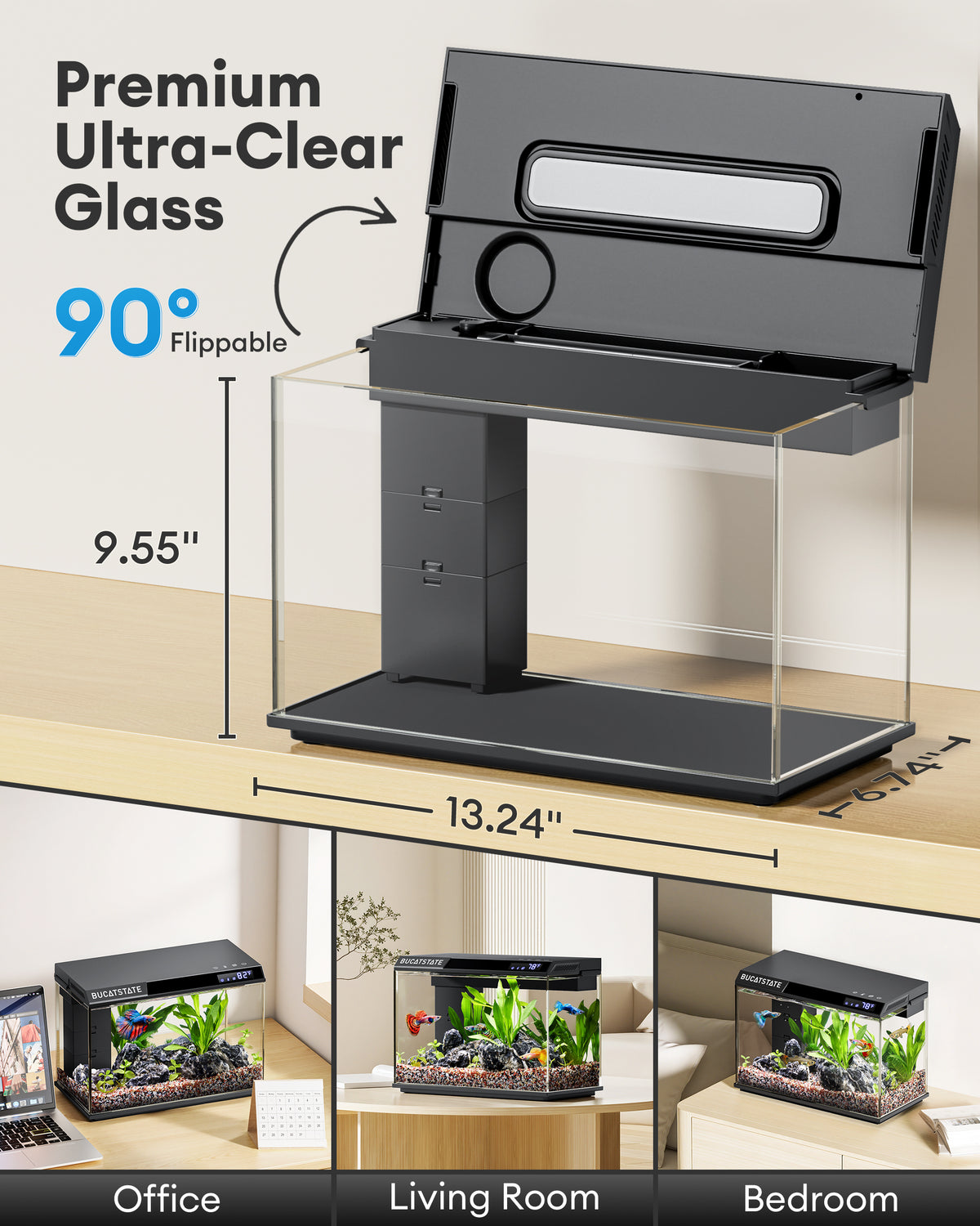 BUCATSTATE 2.6 Gallon Aquarium, 3 Stage Filtration with Independent Waste Compartment, Quiet 3 in 1 Pump, Real-Time Temp Display, 8-Mode LED Light Fish Tank