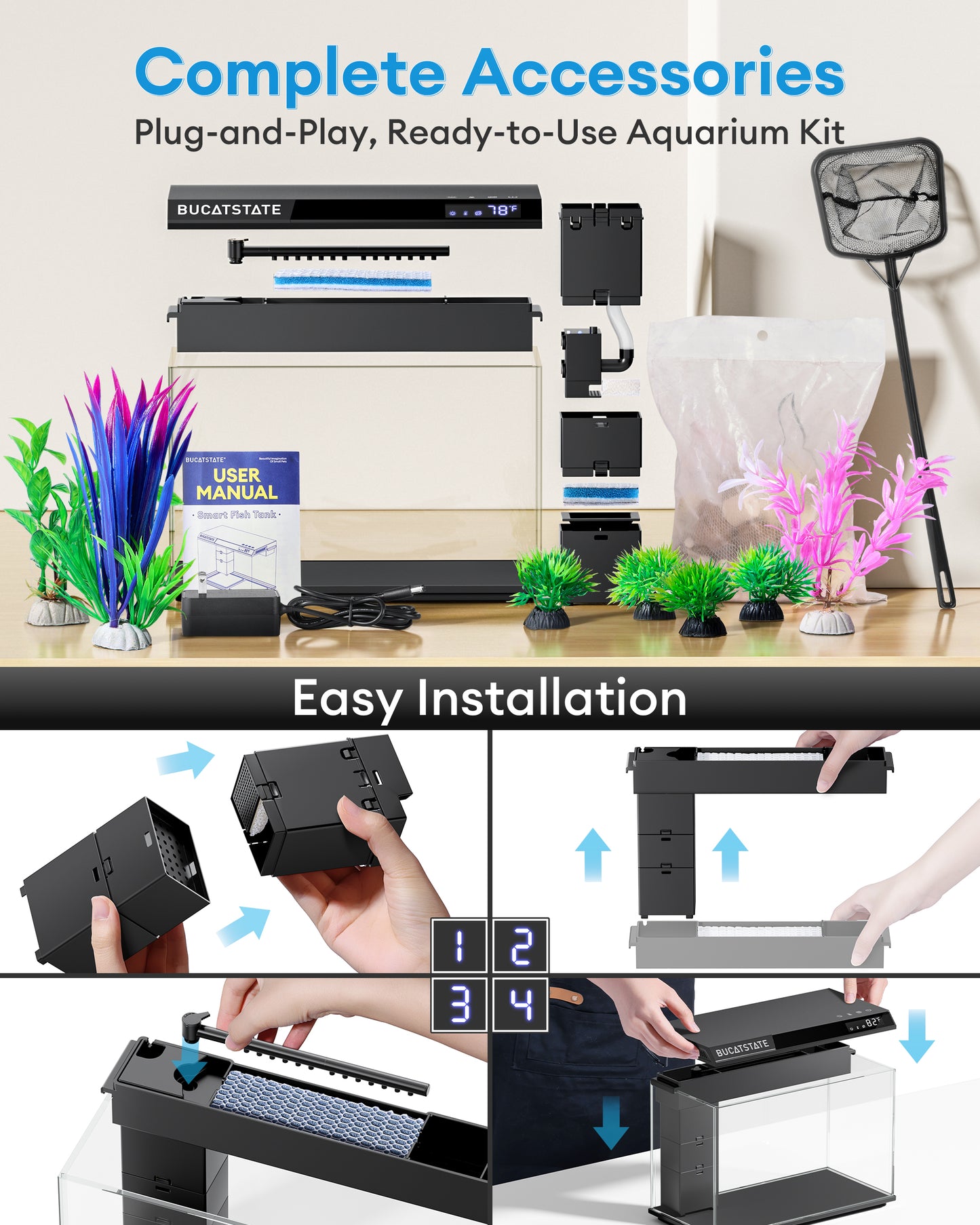 BUCATSTATE 2.6 Gallon Aquarium, 3 Stage Filtration with Independent Waste Compartment, Quiet 3 in 1 Pump, Real-Time Temp Display, 8-Mode LED Light Fish Tank