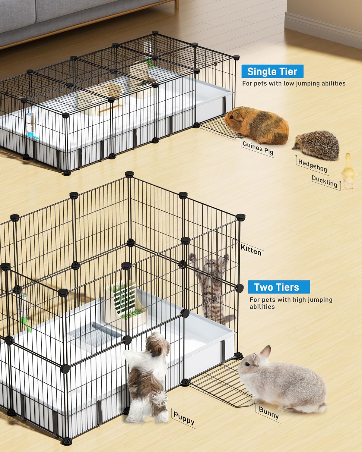 BUCATSTATE Guinea Pig Cages with Floor Mat, 20 Panels Guinea Pigs Playpen with Top Cover, Metal Rabbit Cage Indoor for Hedgehogs, Quail, Chickens