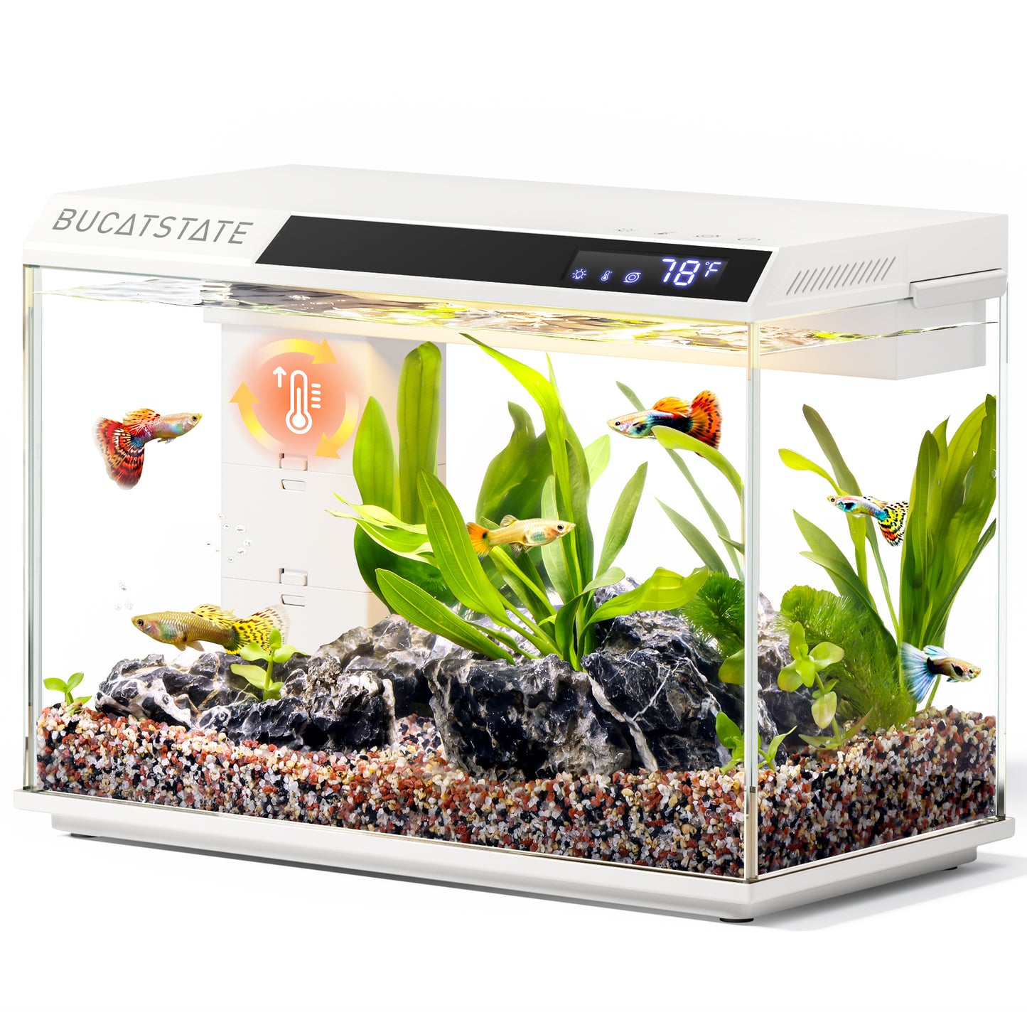 BUCATSTATE 2.6 Gallon Aquarium, 3 Stage Filtration with Independent Waste Compartment, Quiet 3 in 1 Pump, Real-Time Temp Display, 8-Mode LED Light Fish Tank