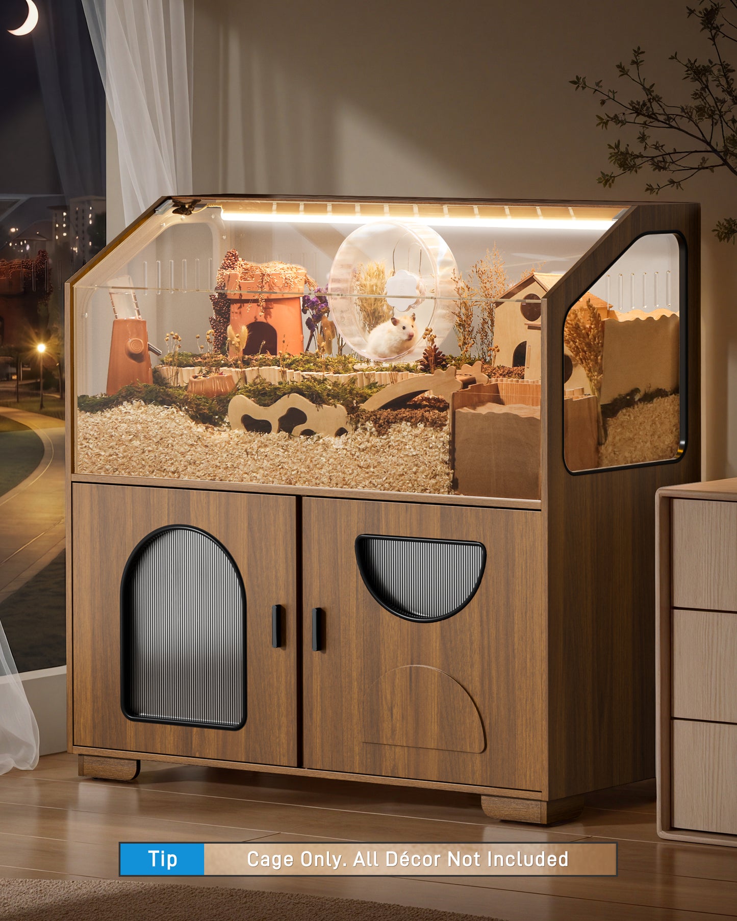 Hamster Cage with Storage Cabinet, 39.4"/100cm Large Hamster Enclosure with Cage Casters, Wooden Small Animal Cages for Gerbil Mouse