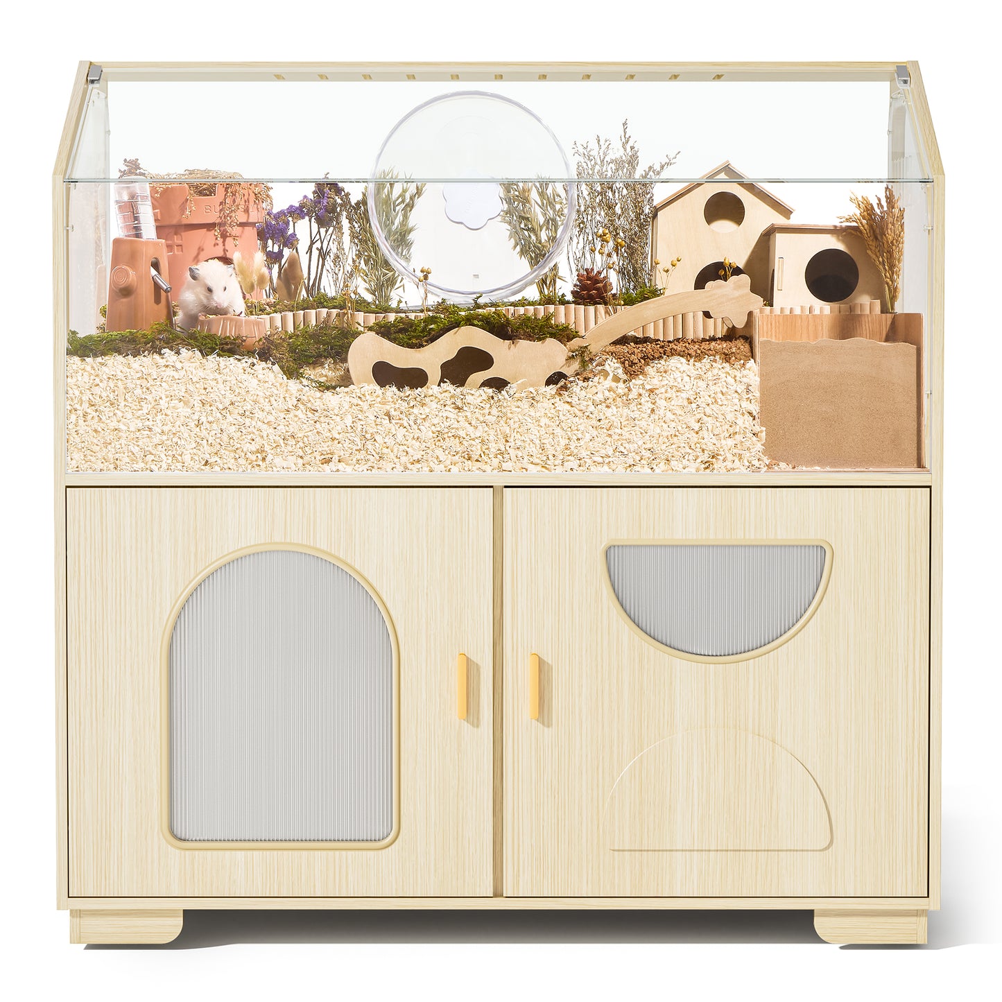Hamster Cage with Storage Cabinet, 39.4"/100cm Large Hamster Enclosure with Cage Casters, Wooden Small Animal Cages for Gerbil Mouse