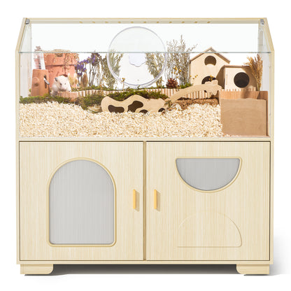 Hamster Cage with Storage Cabinet, 39.4"/100cm Large Hamster Enclosure with Cage Casters, Wooden Small Animal Cages for Gerbil Mouse
