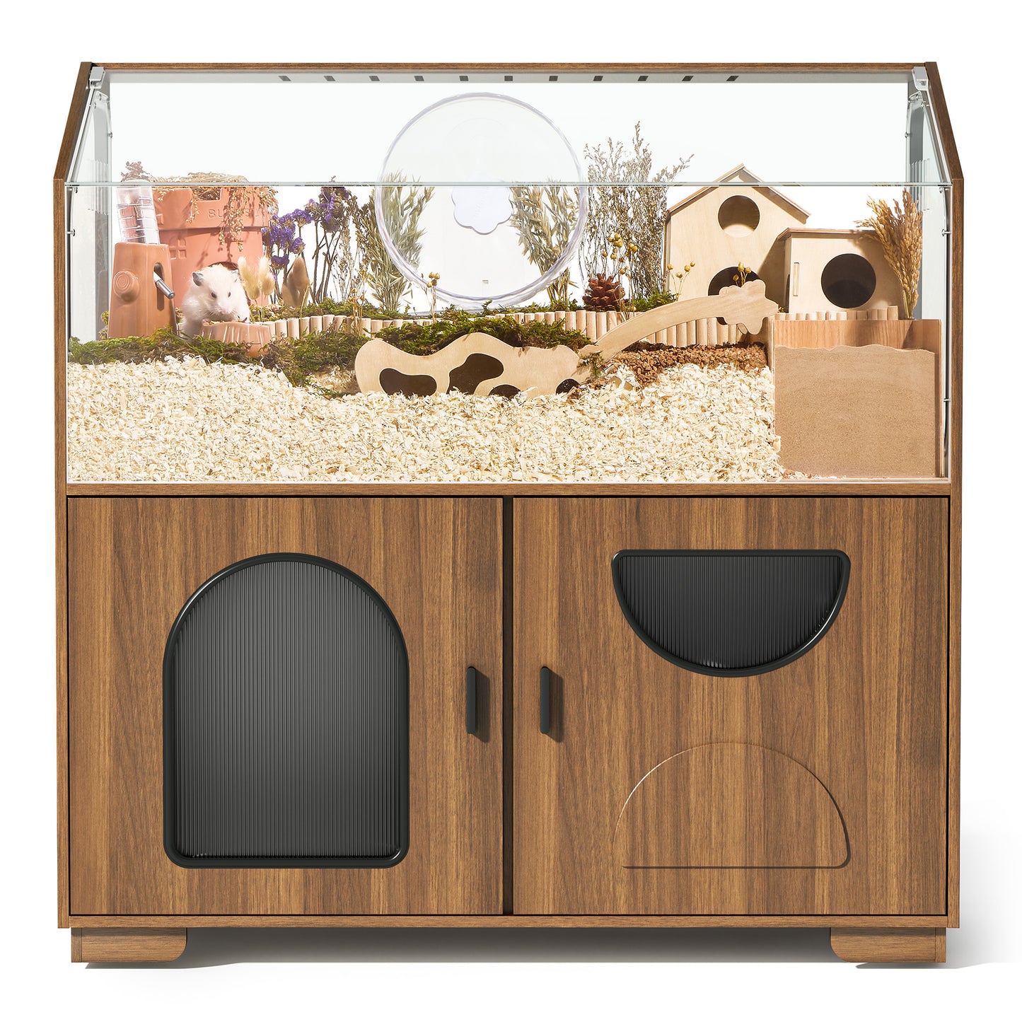 Hamster Cage with Storage Cabinet, 39.4"/100cm Large Hamster Enclosure with Cage Casters, Wooden Small Animal Cages for Gerbil Mouse
