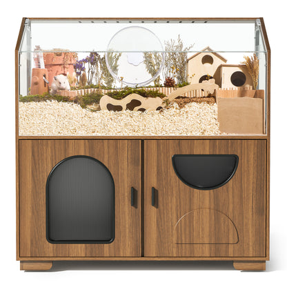 Hamster Cage with Storage Cabinet, 39.4"/100cm Large Hamster Enclosure with Cage Casters, Wooden Small Animal Cages for Gerbil Mouse