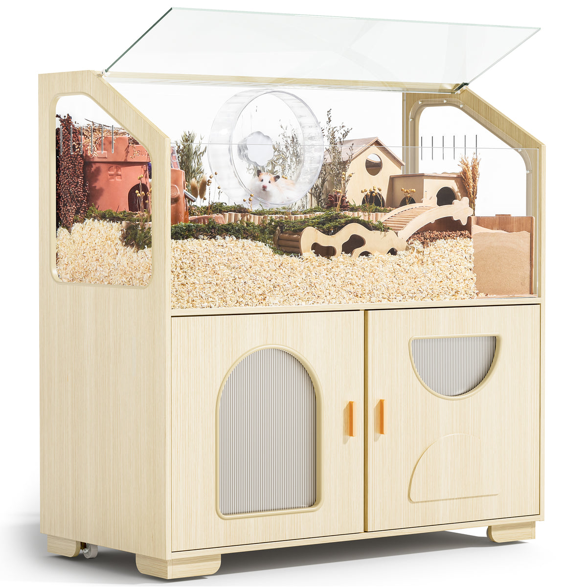 Hamster Cage with Storage Cabinet, 39.4"/100cm Large Hamster Enclosure with Cage Casters, Wooden Small Animal Cages for Gerbil Mouse