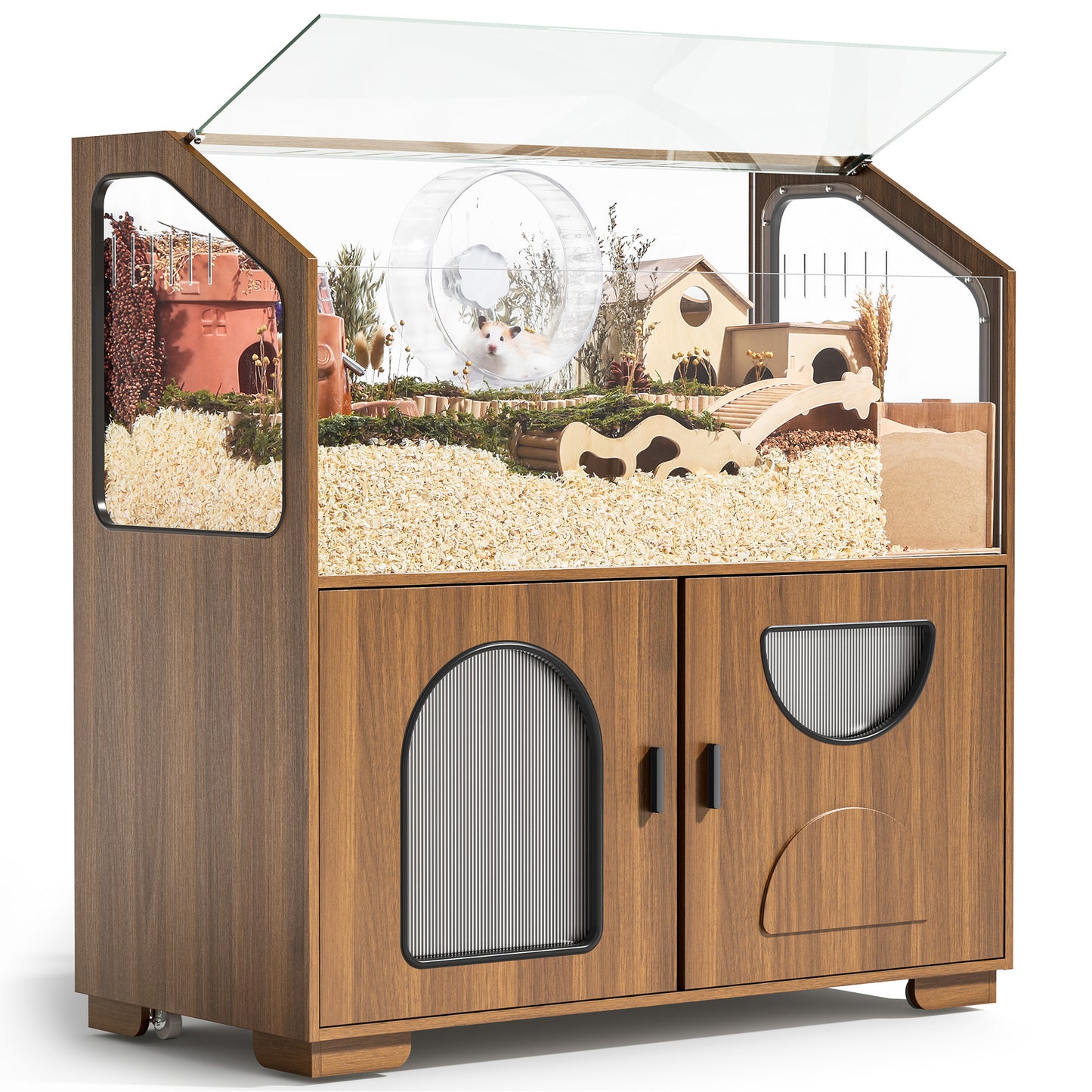 Hamster Cage with Storage Cabinet, 39.4"/100cm Large Hamster Enclosure with Cage Casters, Wooden Small Animal Cages for Gerbil Mouse
