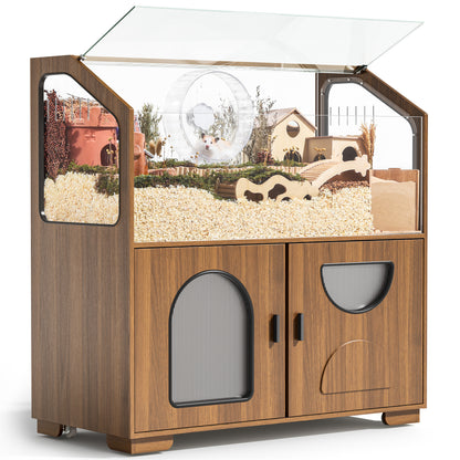 Hamster Cage with Storage Cabinet, 39.4"/100cm Large Hamster Enclosure with Cage Casters, Wooden Small Animal Cages for Gerbil Mouse