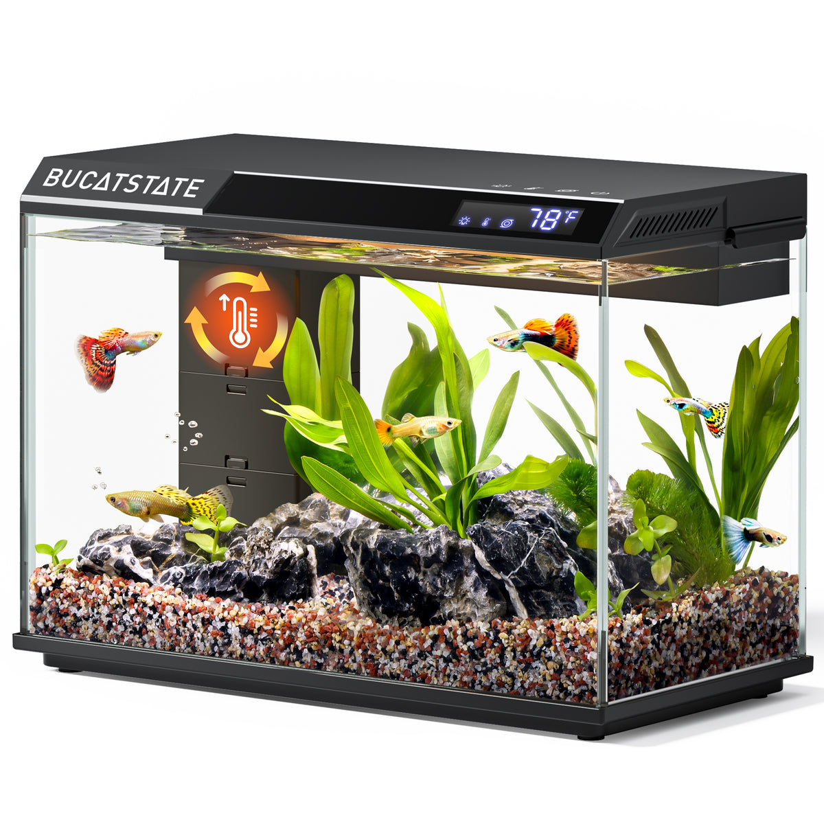 BUCATSTATE 2.6 Gallon Aquarium, 3 Stage Filtration with Independent Waste Compartment, Quiet 3 in 1 Pump, Real-Time Temp Display, 8-Mode LED Light Fish Tank