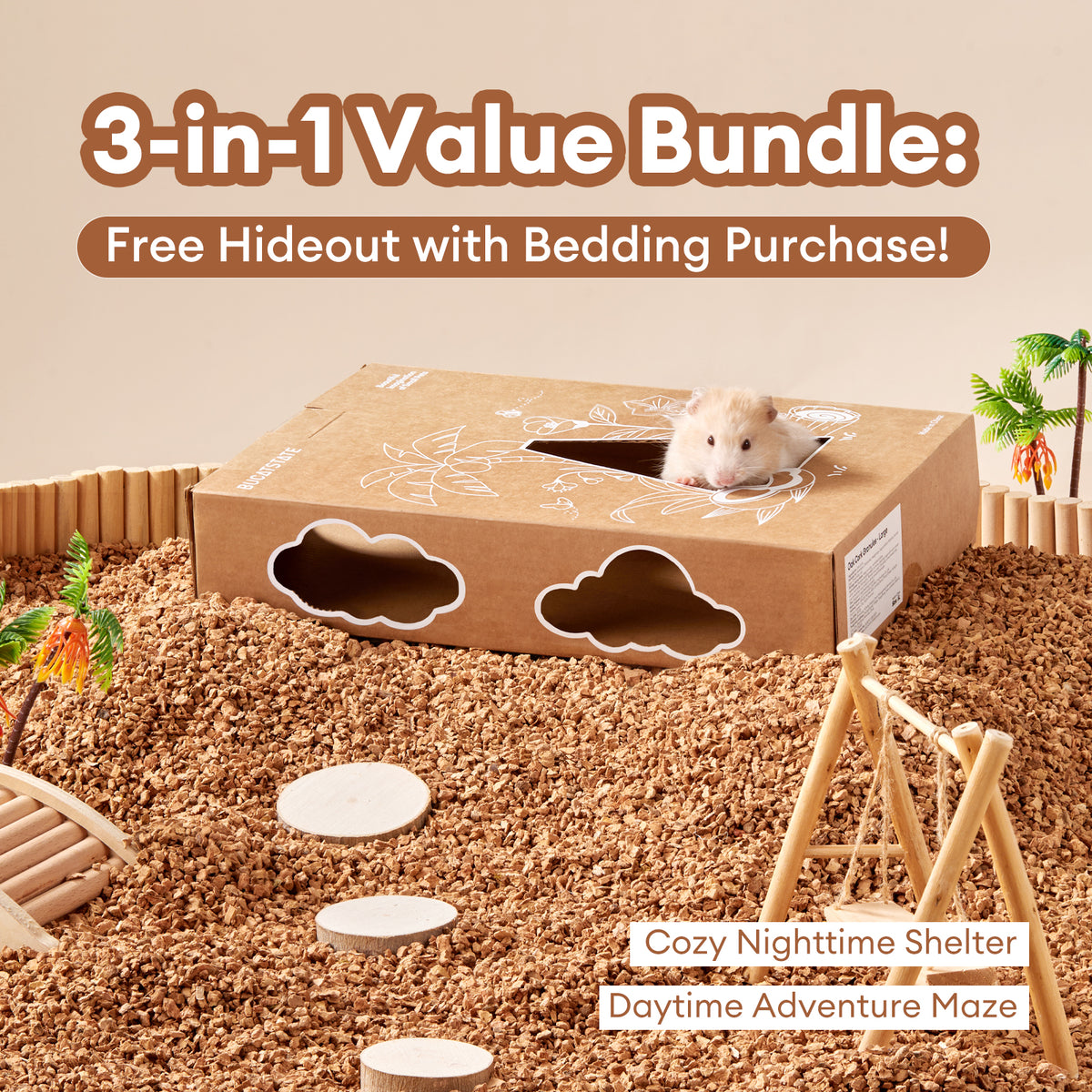 BUCATSTATE Cork Bedding 5L, Natural Hamster Bedding Odor Control for Dwarf Syrian Hamsters, Gerbils, Mice, Low-dust Hamster Substrate with Paper Hideout Box (Grain 2-4mm or 4-5mm)